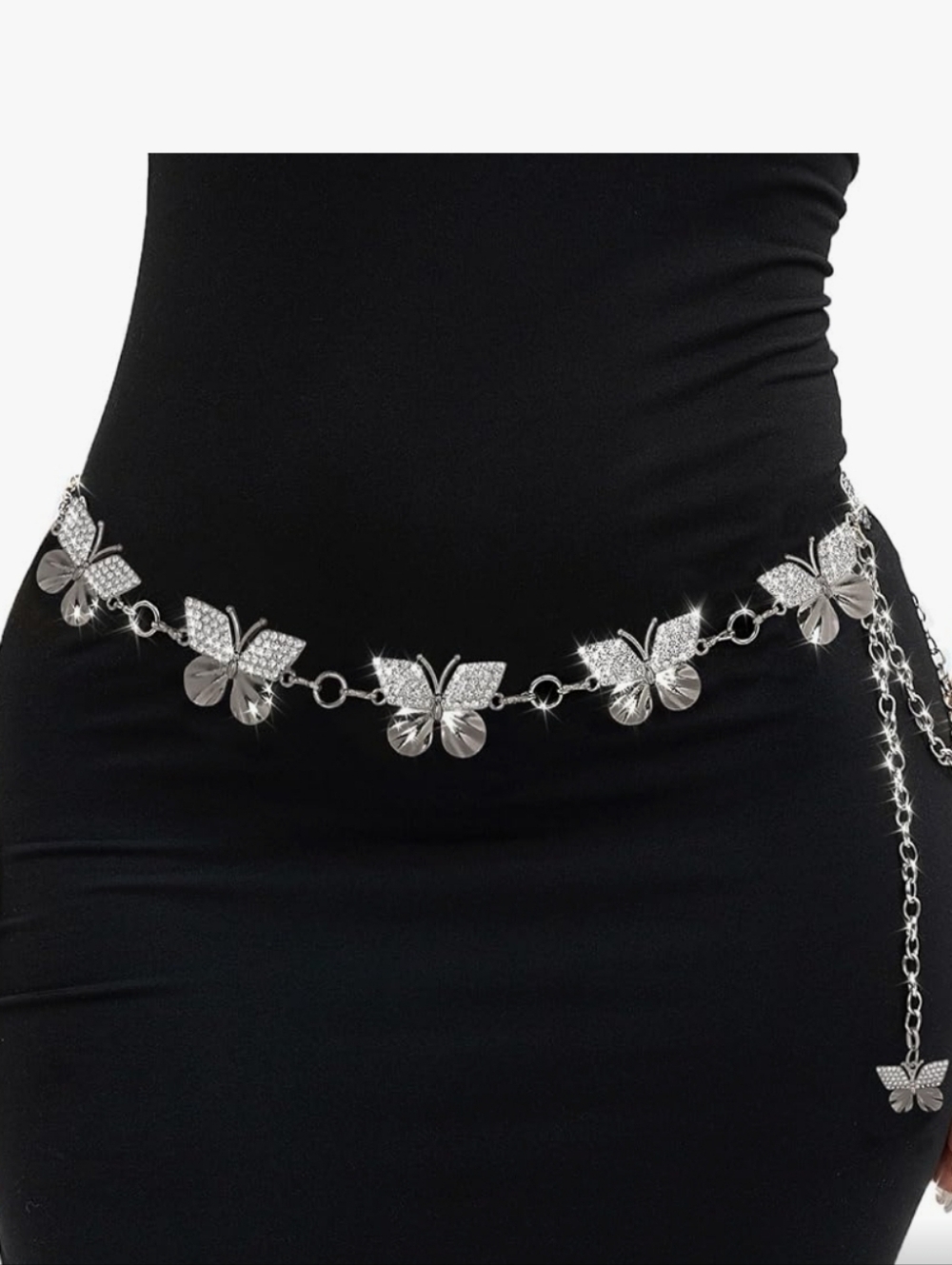 Silver Butterfly Waist Chain Belt - Rhinestone Accent